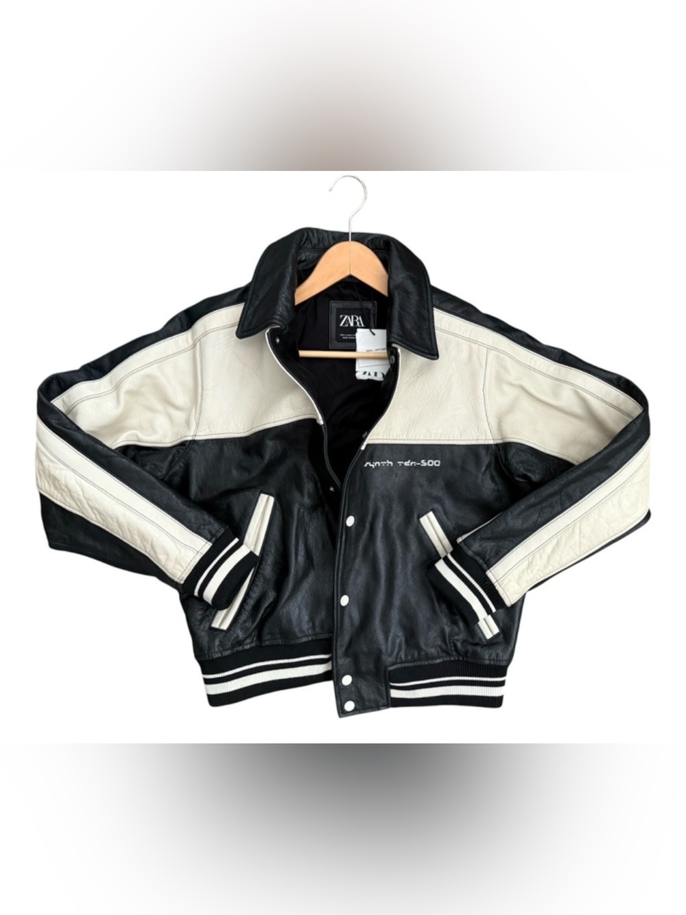 ZARA Black and Ivory Leather Bomber Varsity Jacket Size: Small